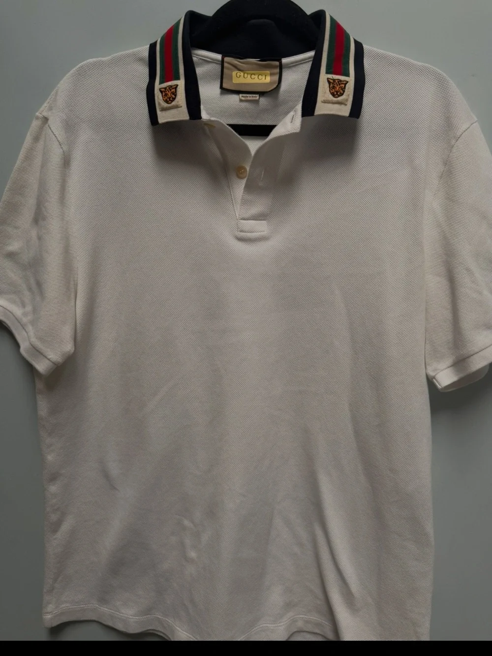 Gucci White Polo with Navy and Red Striped Collar